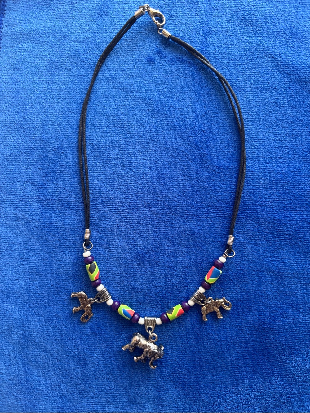 Colorful Elephant Charm Necklace - Black Leather Cord with Multicolor Beads